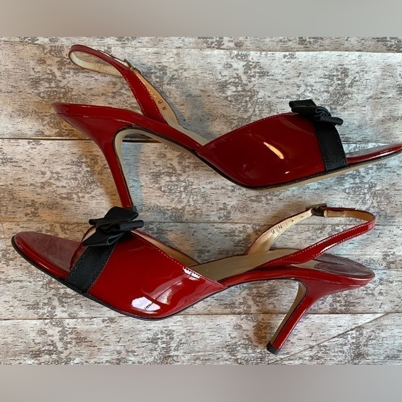 Amalfi (Italy) Red Patent Leather Black Bow Stiletto Slingback Heels 9 Narrow - Picture 5 of 9